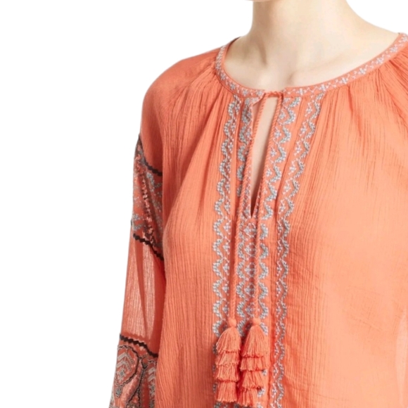 Joie Nelida Embroidered Gauzey-Cotton Tunic Blouse, Blood Orange - Large - Picture 5 of 9